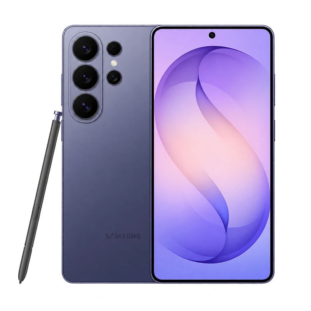 Samsung Galaxy S26 Ultra violeta visto de frente y por detrás junto al S Pen